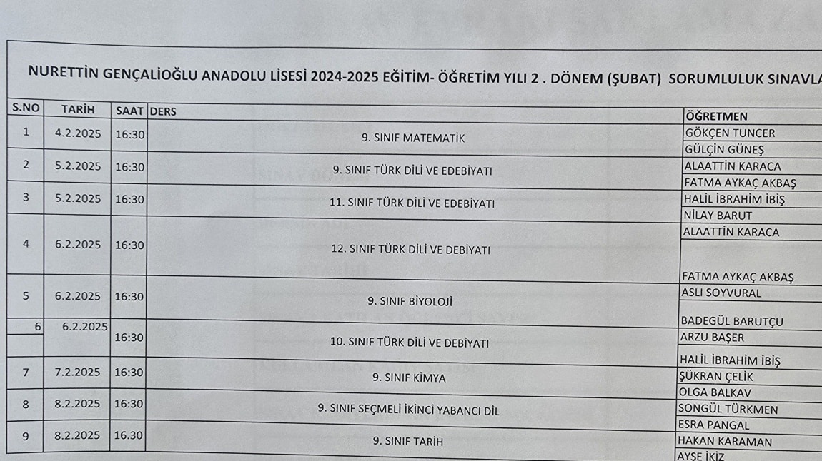 2024-2025 Eğitim Öğretim Yılı 2. Dönem Sorumluluk Sınav Takvimi